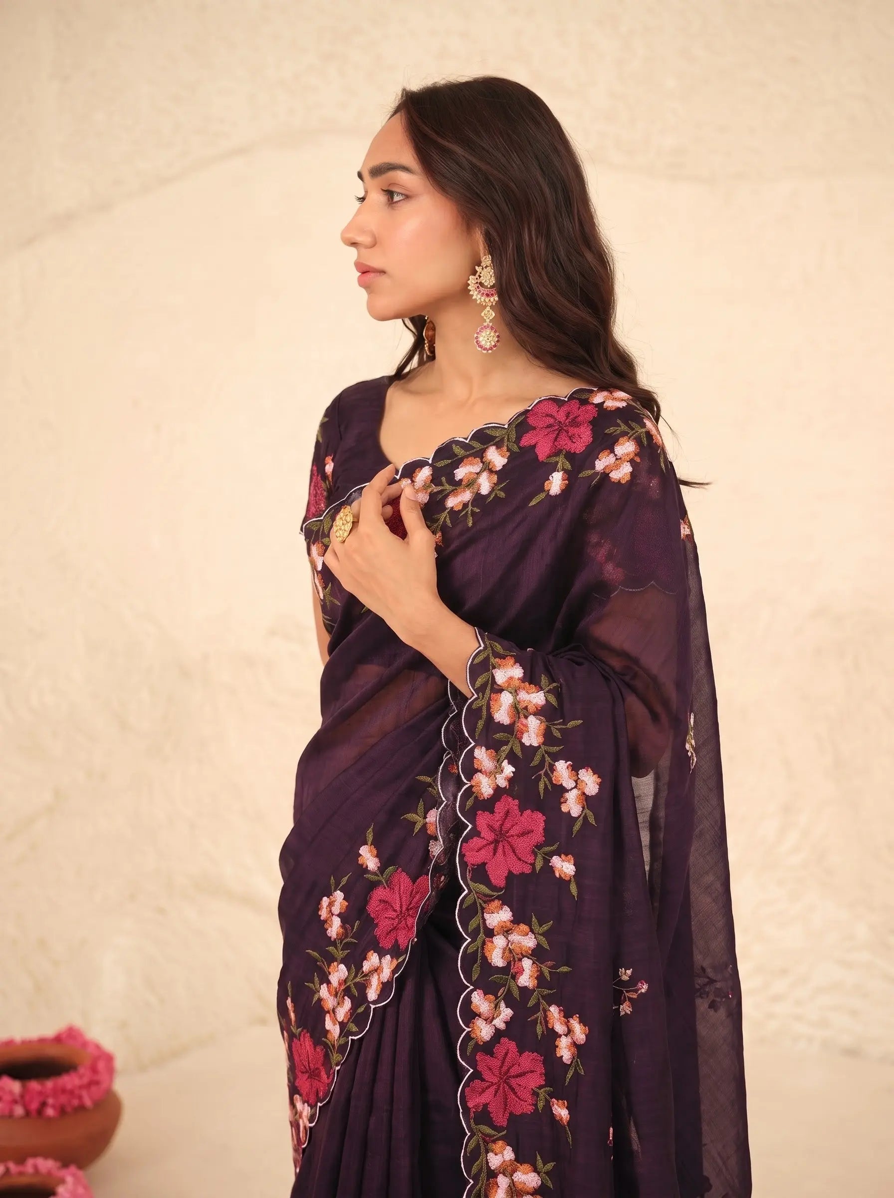 Purple Floral Border Silk Saree - Border Close-up - Kalyanja KS163